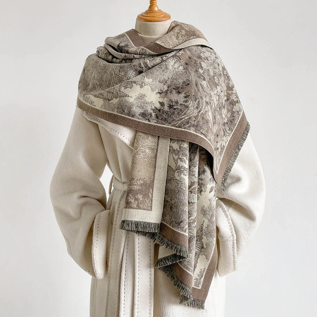 Winter Women Fashion Delicate Vintage Sketch Garden Castle Printed Cashmere Feel Scarf Thick Warm Fringed Reversible Shawl Wrap