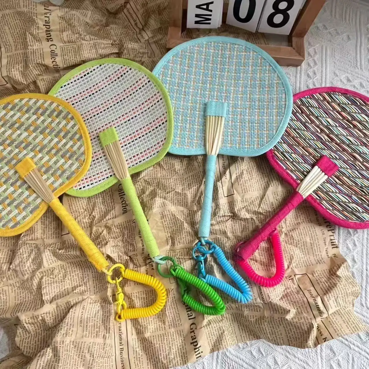 Portable Woven Hand Fan with Spring Anti-Lost Rope, Cute Colorful Small Round Palm Fan for Summer