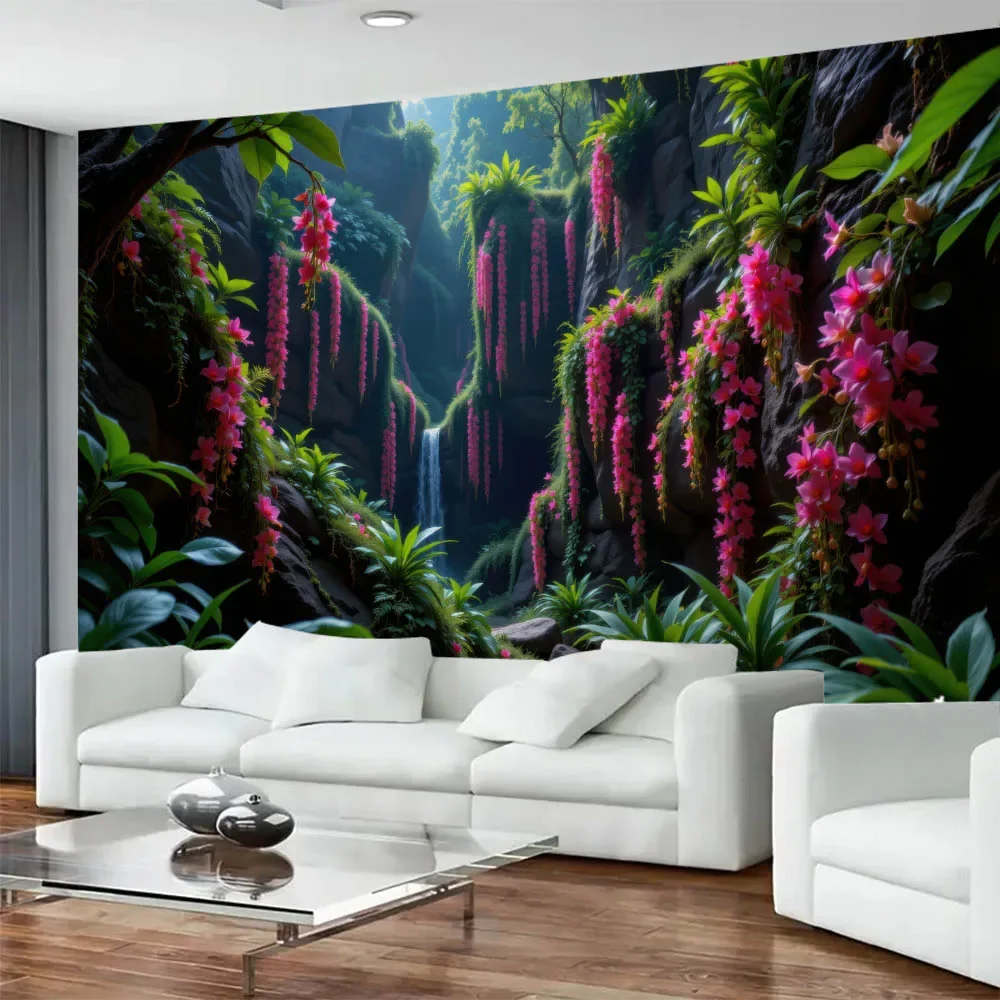 Large Jungle Flower Tapestry Green Tree Forest Stream Landscape Wall Hanging Aesthetic Bedroom Background Wall Art Decor