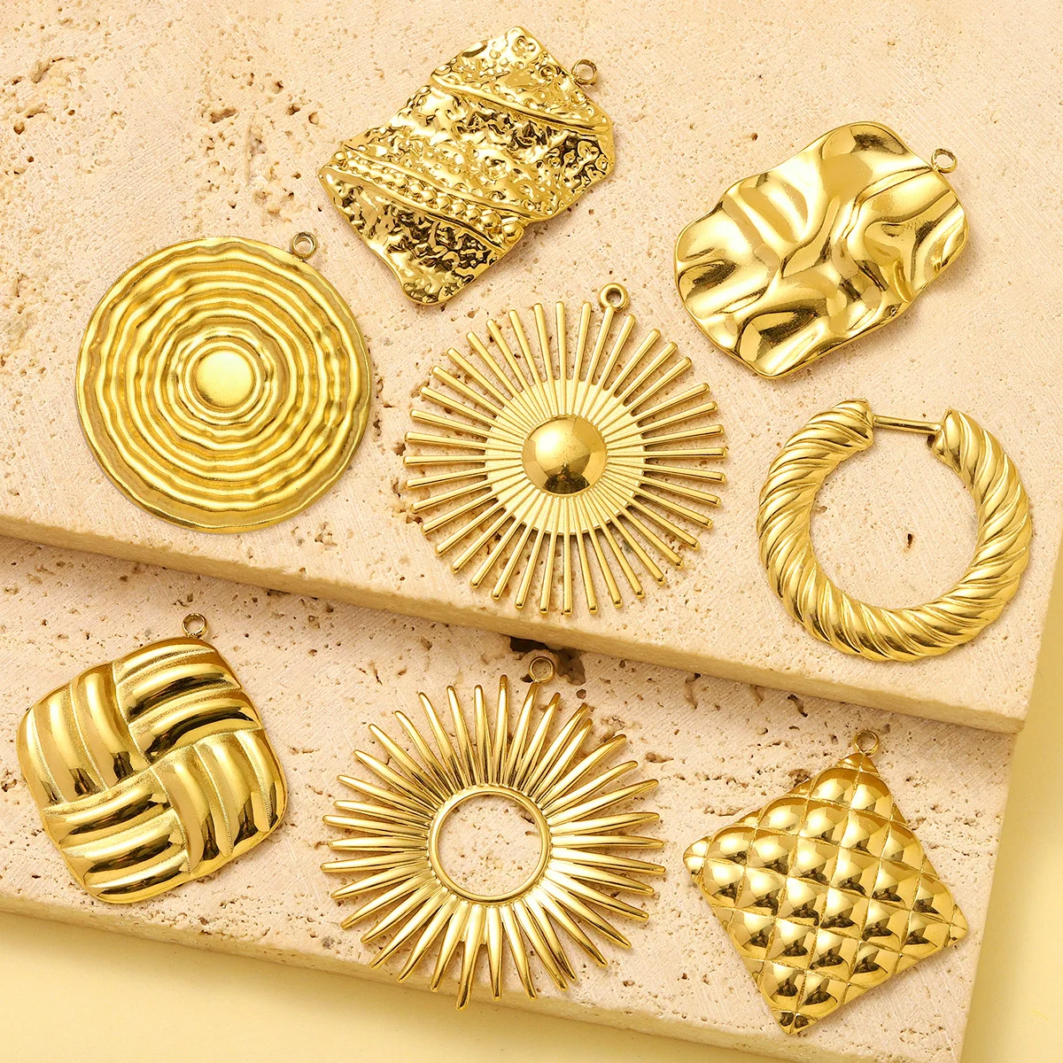 5pcs/Lot Fashion Geometric Stainless Steel DIY Charms Wrinkling Square Waterdrop Necklace Pendants Women's Sun Flower Jewelry