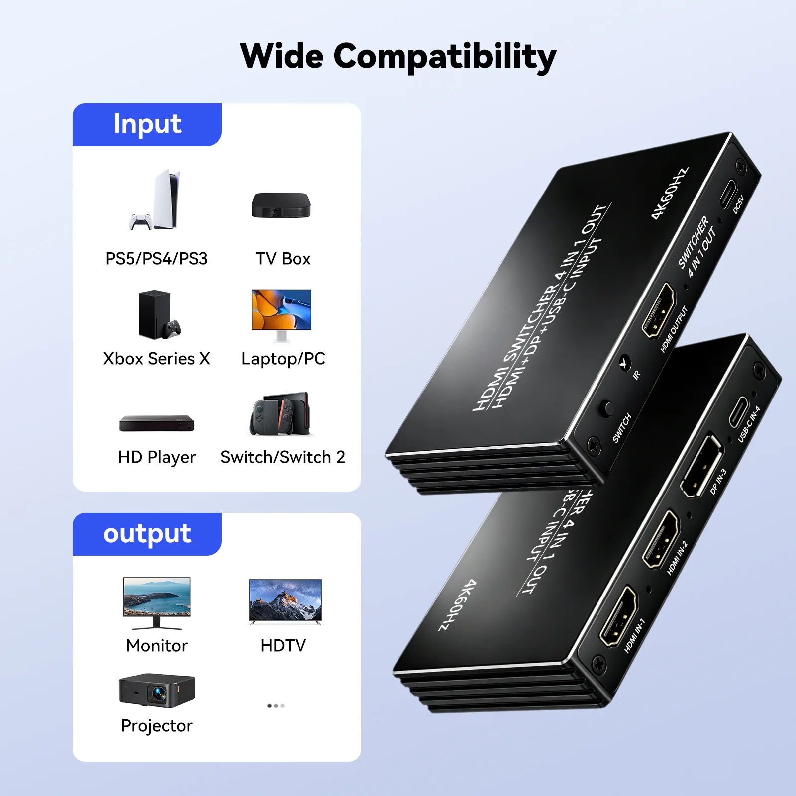 4K60Hz HDMI-compatible Switcher 4 In 1 Out 2*HD+DP+Type-C Input with  IR Remote Control for PC XBOX PS5 Office Presentation