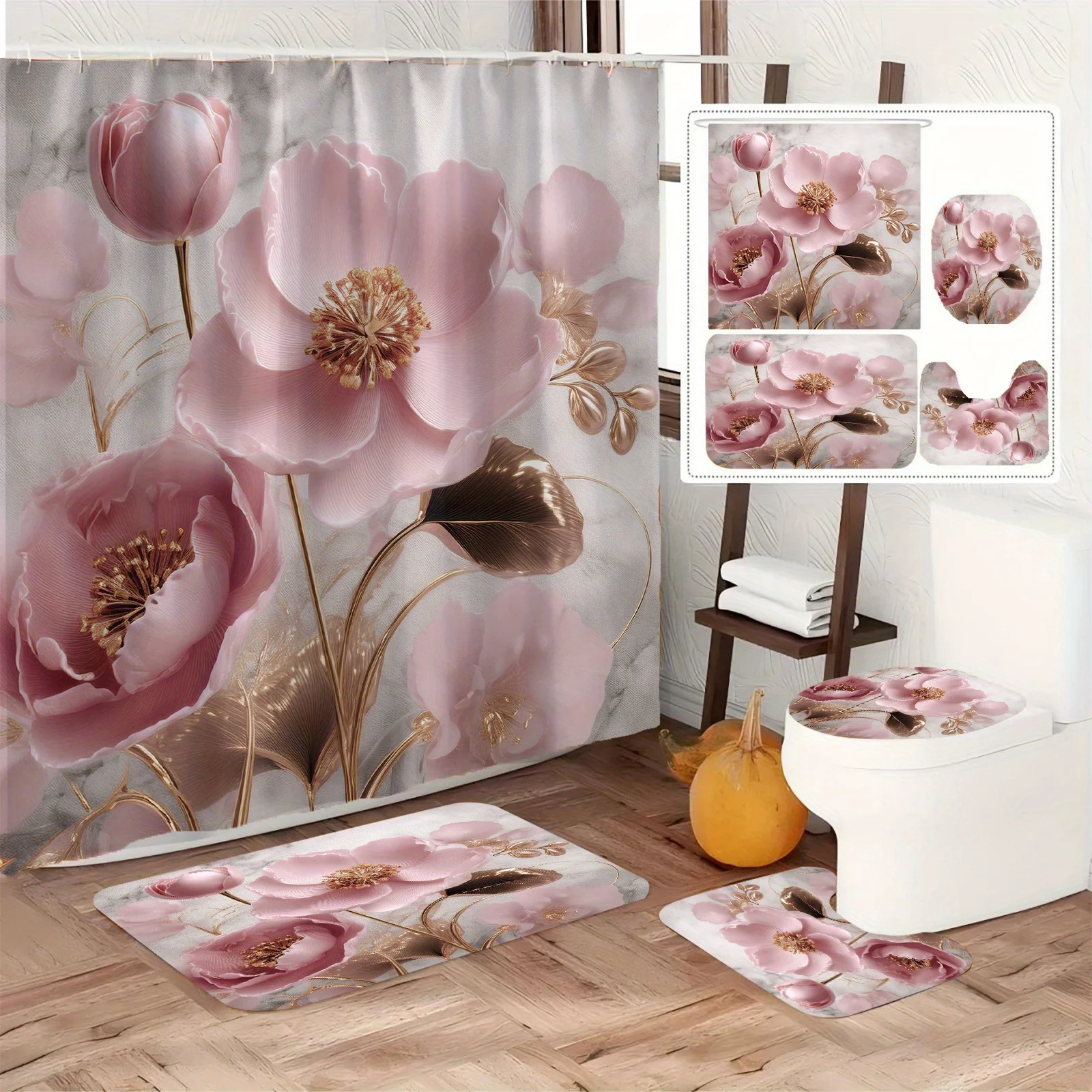 

4pc A luxurious pink and gold floral bathroom set, including a shower curtain, bath mat, toilet seat, and U-shaped rug.