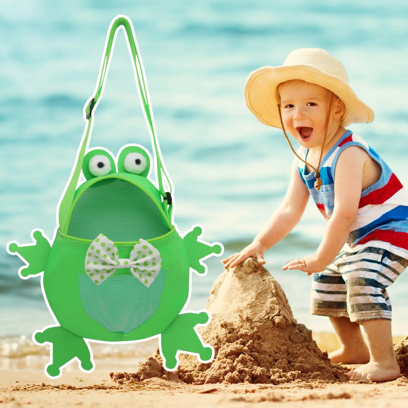 Borsa da spiaggia Setaccio per sabbia Borsa da raccolta conchiglia Borsa portatile regolabile a forma di rana per la raccolta di vacanze all'aperto per bambini, ragazzi e ragazze