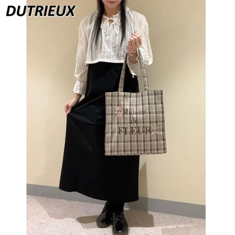 2025 Spring Summer Women's Bags Japanese Style Bear Embroidered Casual Checkered Pattern Tote Thick Canvas Tote Bag