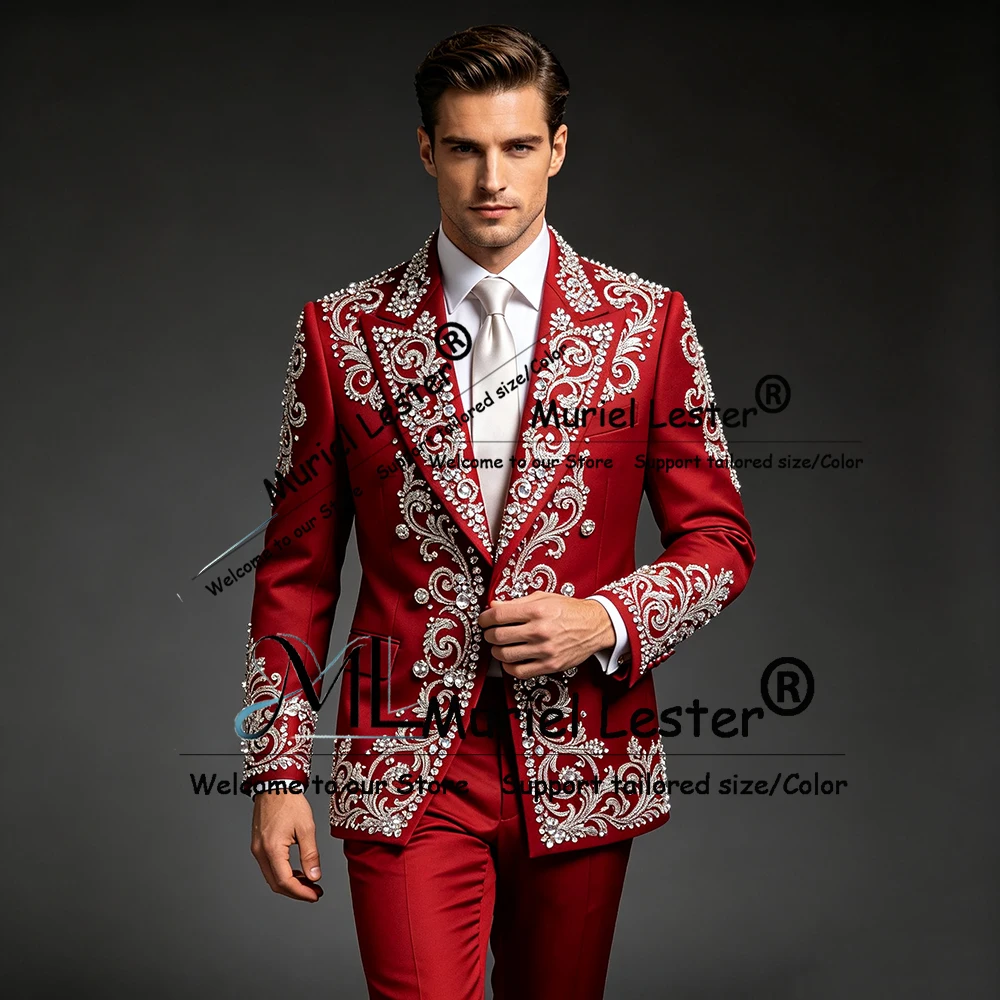 Exquisite Red Wedding Suit For Man Sparkly Rhinestone Beaded Prom Blazers Customized 2 Pieces Groom Tuxedos Trajes Para Hombre