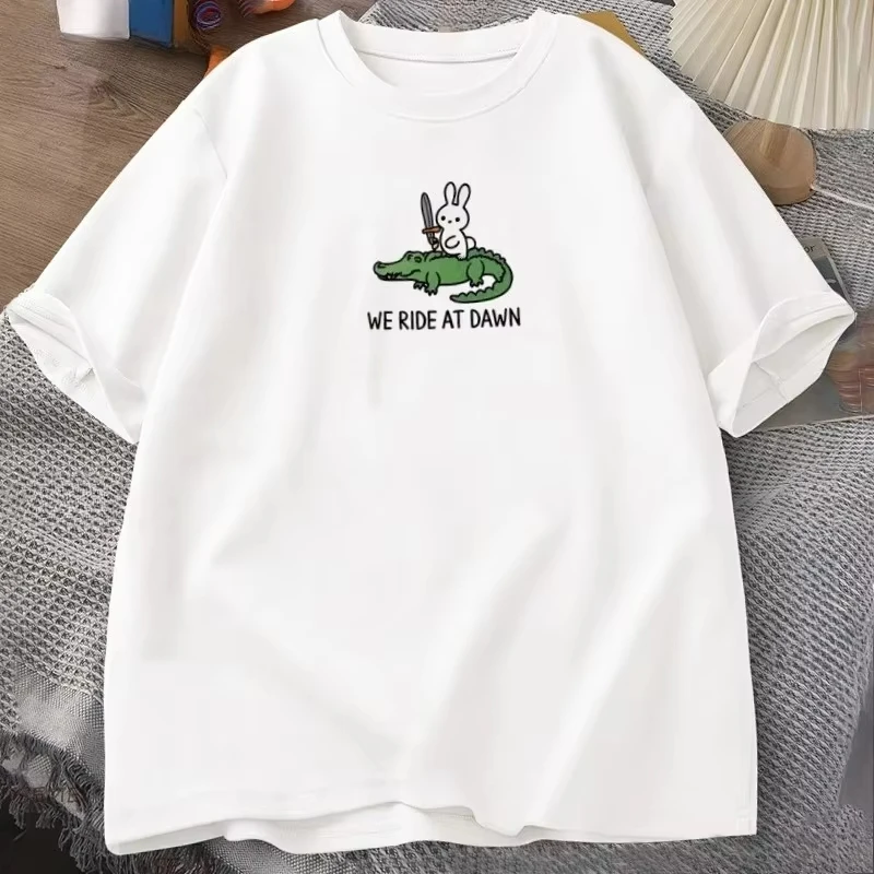 We Ride At Dawn T-Shirt Women Men Bunny and Alligator T Shirt Funny Animal Printed Tshirt O-Neck Short Sleeve Men's Clothing Top