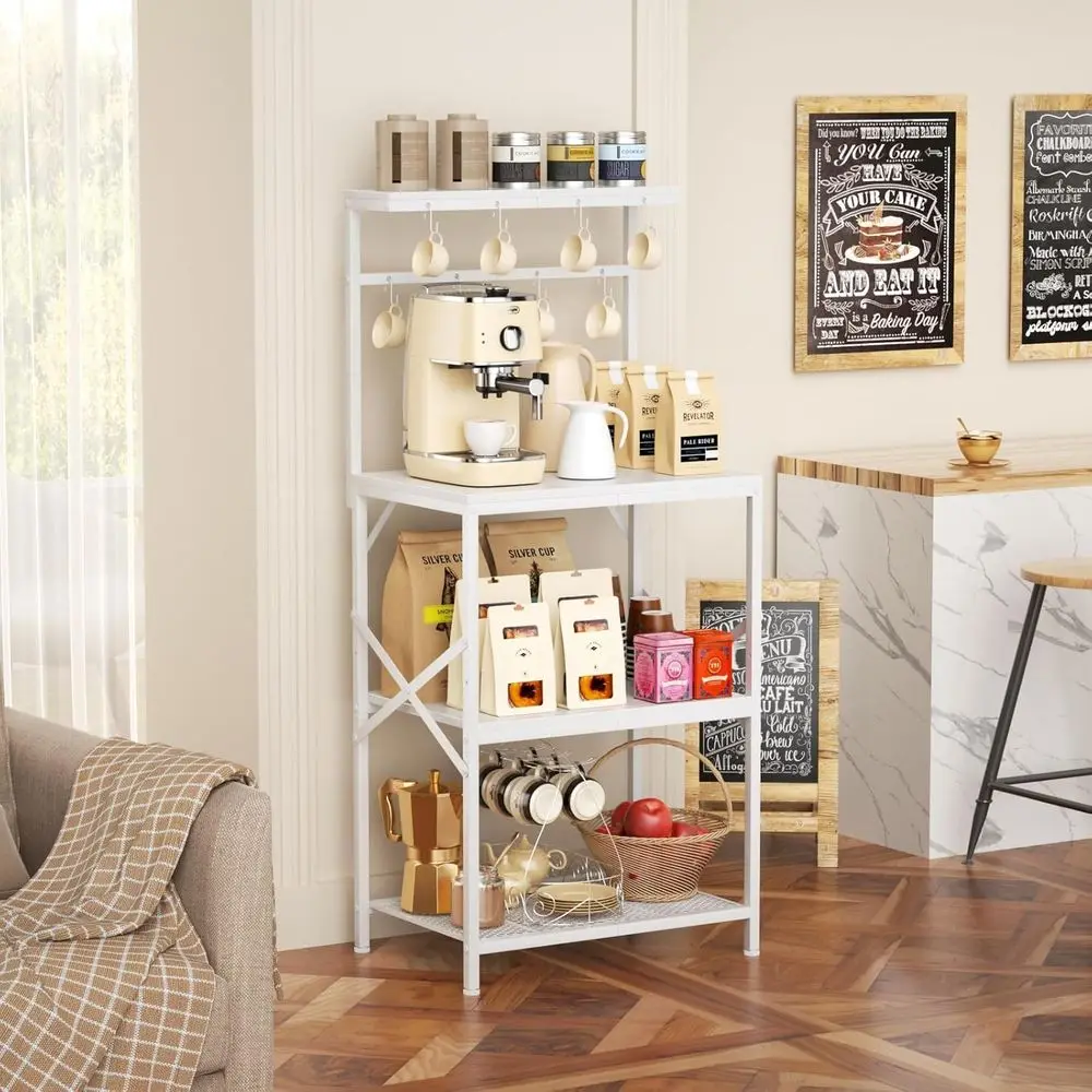 Carrello portaoggetti da cucina bianco a 4 livelli con caffettiera e 8 ganci, ripiani regolabili per elettrodomestici