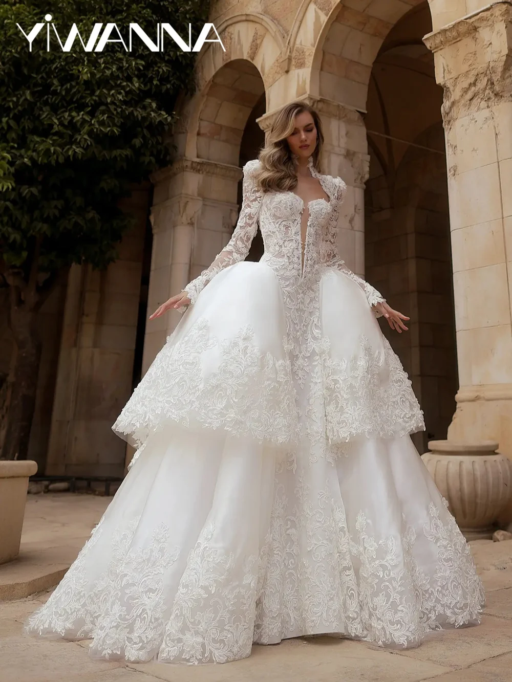 

Detachable Train Beaded Appliques Wedding Dress High Collar Long Sleeve Bridal Gown Customized Ivory Princess Dresses For Bride