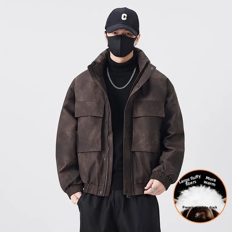 

Мужская зимняя утепленная кожаная куртка-пуховик в американском стиле с воротником-стойкой, теплая верхняя одежда, повседневная модная свободная модель