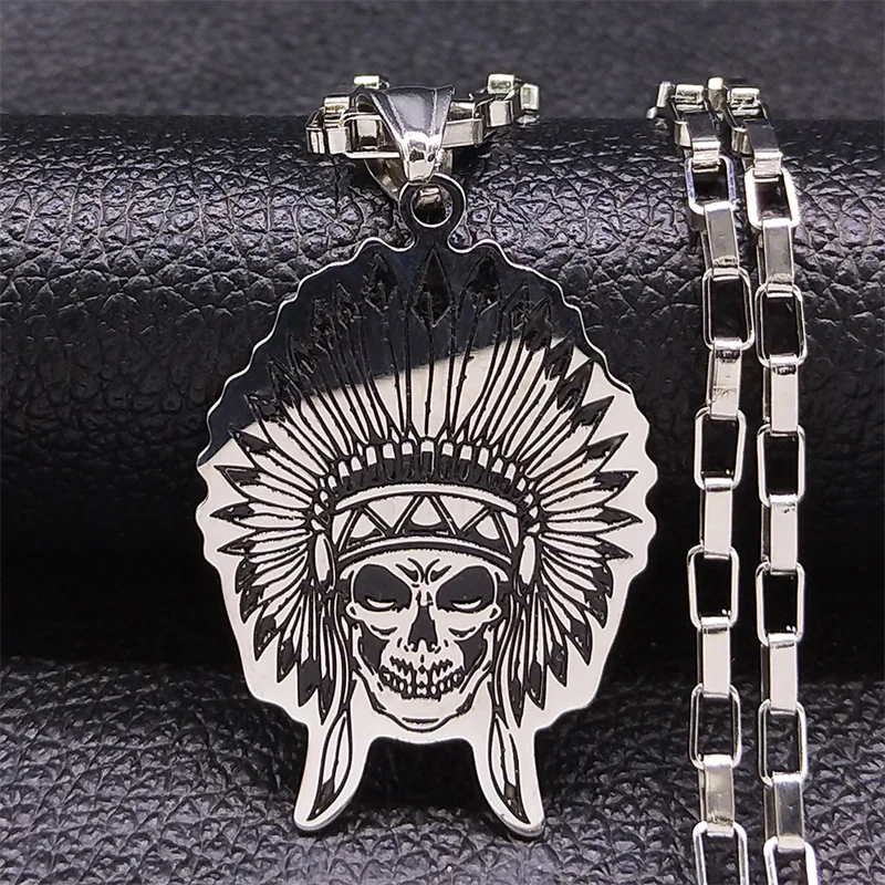 Stainless Steel Indian Tribe Skull Chain Necklace for Men/Women Primitive Tribal Chief Necklace Jewelry Halloween Gift N2544S06