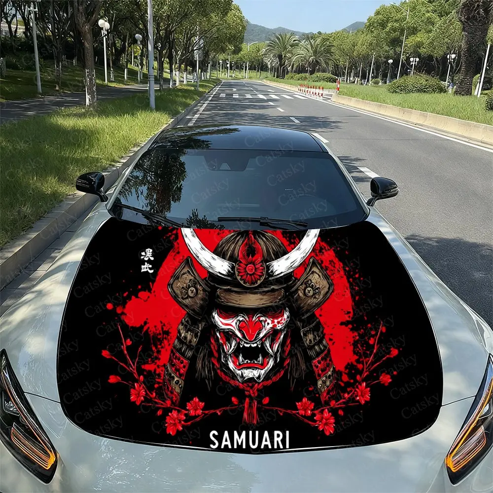 

Red & Black Fierce Samurai Car Vinyl Wrap, PVC Waterproof Car Hood Sticker, Self-Adhesive Scratch-Resistant Stickers