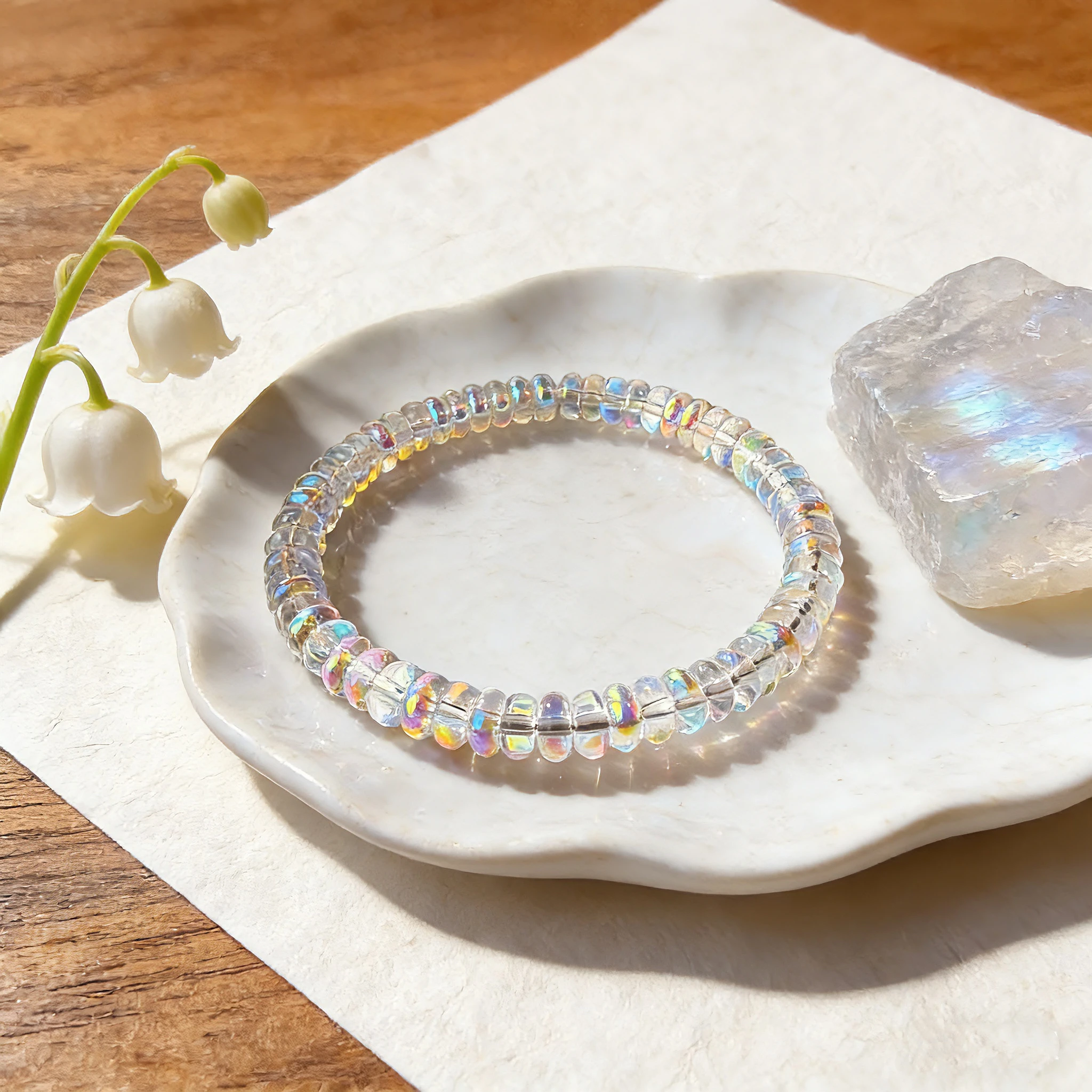 Ethiopian Opal Beaded Bracelet For Menopause, Rainbow Flash Flat Bead Stretch Bangle, Unisex Healing Crystal Jewelry Gift view 4