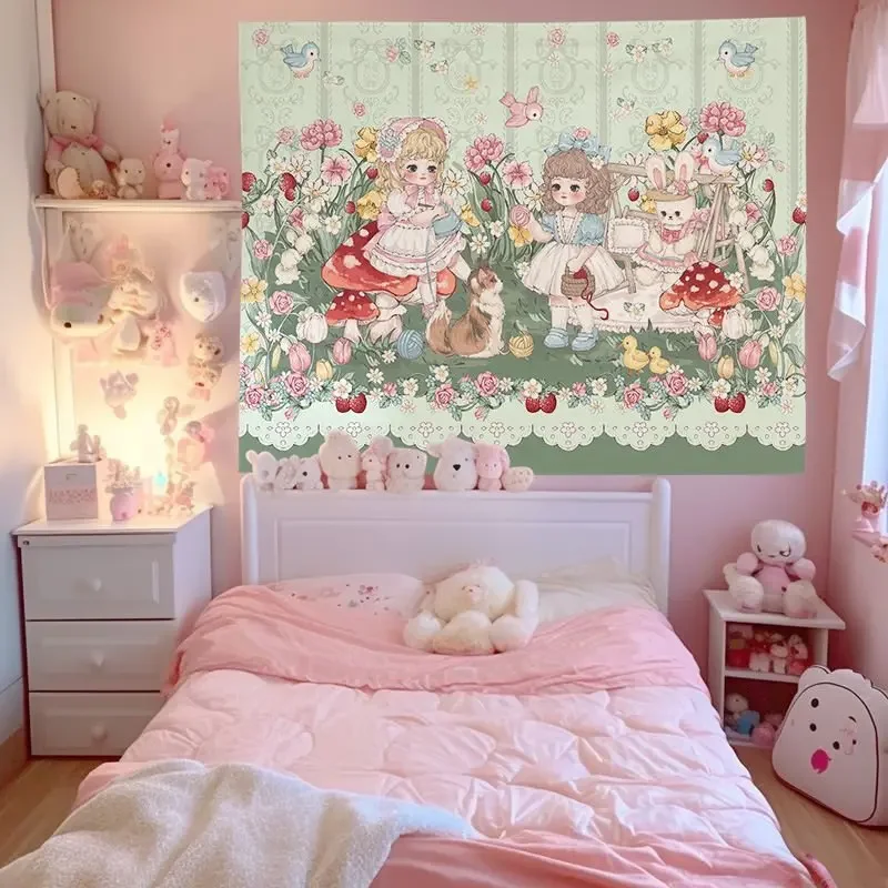 VIKAMA Vintage Green Floral Girl Tapestry Wall Hanging Mushroom Bird Fairy Tale Aesthetic Wall Art Bedroom Dorm Room Decor