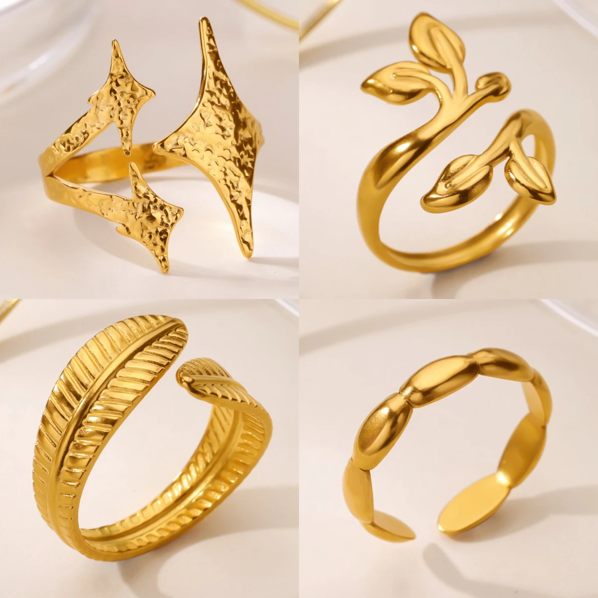 

Luxury Punk Geometric Leaf Star Open Ring For Women Stainless Steel Gold Color Finger Ring Fashion Wedding Couple Jewelry