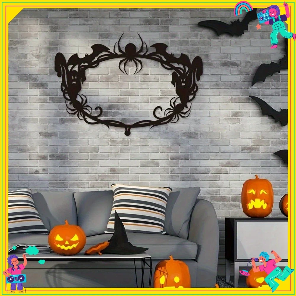CIFBUY Halloween Wreath Metal Wall Art Spider Bat Ghost Iron Hanging Sculpture Door Home Decor Ornament Gift - view 5
