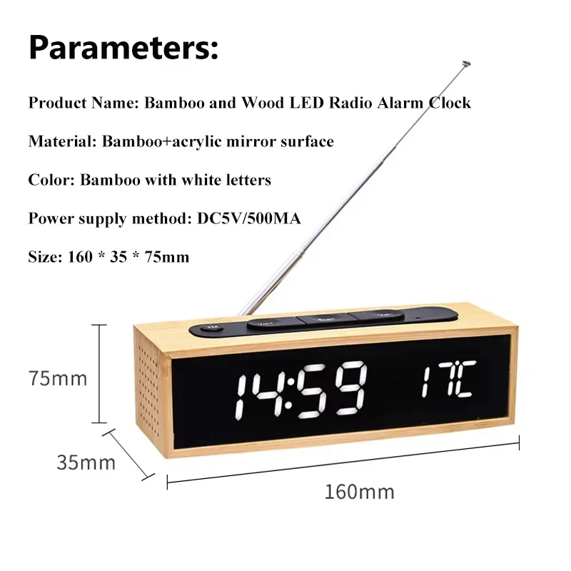 

Multifunctional FM Radio Desktop Bamboo Wood Dimming Alarm Clock Support Time Temperate Date Display Voice Control Awaken Screen