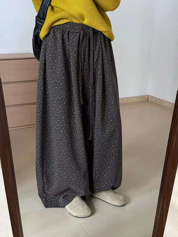 

Korean Sle plus Size Women's Fce Lined Casual Pants Floral Print Simple Faion High Waist Wide Leg Trousers