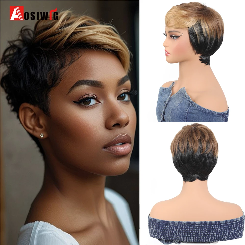 Synthetic Brown Golden Short Straight Wigs With Pixie Cut Bangs Bob Layered Hair Wig for Women Daily Cosplay Party Heat Resistan