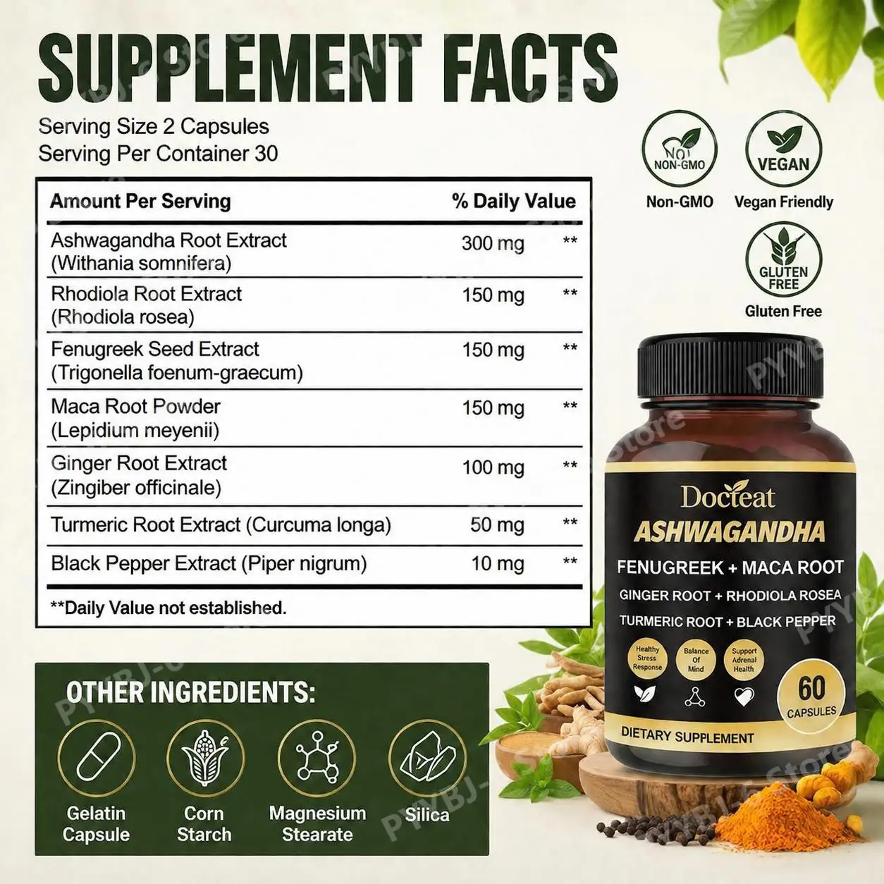 Docteat Ashwagandha Fenugreek Maca Root Capsules with Rhodiola, Stress Mood Focus Energy Vitality Support 60 Count for Adults