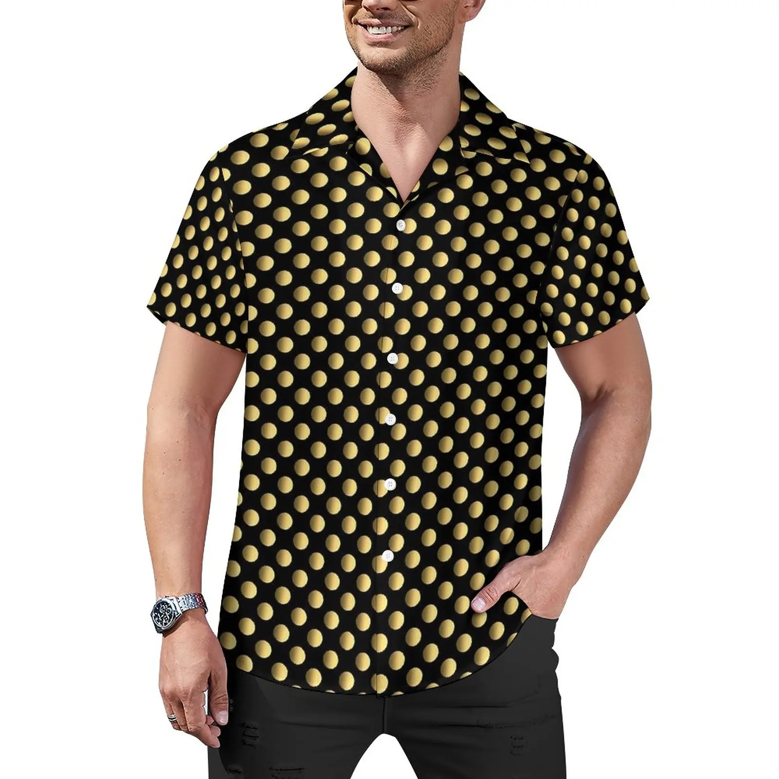 

Gold Dot Blouses Mens Circles Print Casual Shirts Summer Short-Sleeve Custom Stylish Oversize Beach Shirt Gift