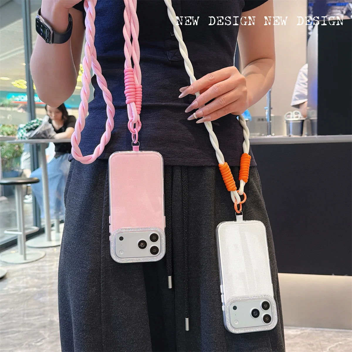 Fashion Glitter Shockproof Lanyard Case For iPhone 17 16 Pro Max 15 Plus 14 13 12 TPU Bumper Cover Crossbody Neck Cord Strap