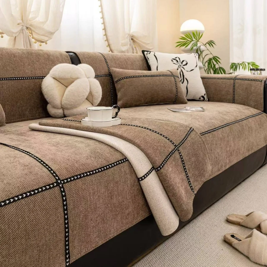 Contrast Hem Twill Chenille Sofa Cover for All Seasons Living Room Non-slip Sofa Seat Cover Couch Slipcover, Sofa Towel