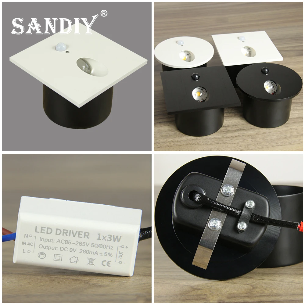 SANDIY Sensor Stair Light Motion Detector Wall Sconce Lamp Round/Square Nightlight with 60mm Box for Ladder Step Bedside Closet