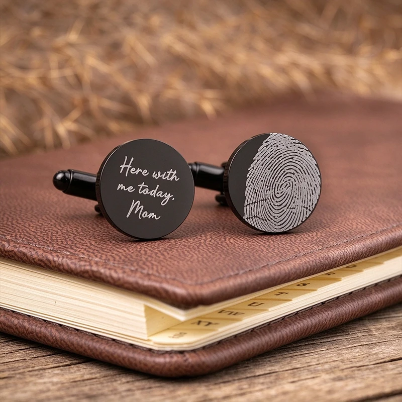 Custom Actual Fingerprint Round Cufflinks Custom Laser Engraved Stainless Steel Personalized Logo Products Groom Wedding Gifts