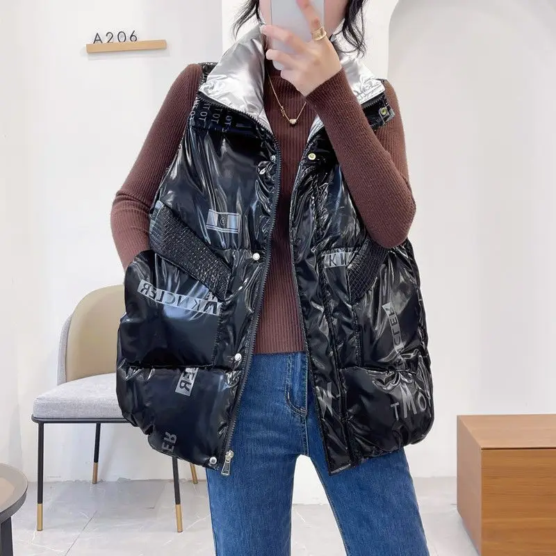 

Women's Printing Korean Casual Loose Waistcoat Puffy Spliced Sleeveless Jackets Glossy Down Cotton Warm Winter New Vests Female