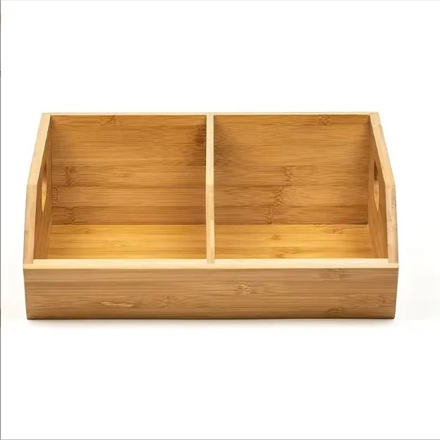 Natural Bamboo Compartment Storage Organizer Multi Purpose Kitchen Office Desk Caddy with Handle Eco Friendly Divided Tray