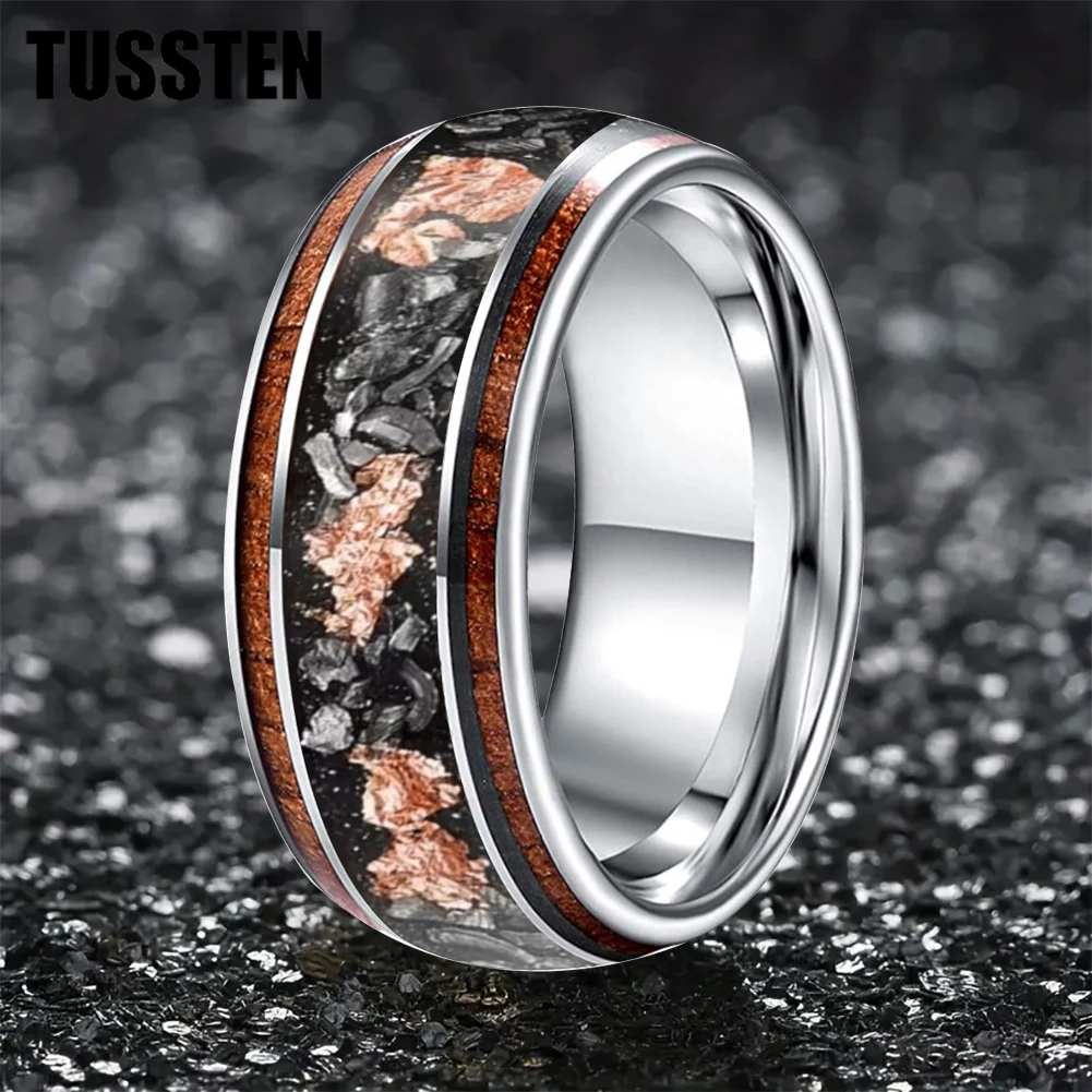 TUSSTEN 10MM Dome Tungsten Ring for Men Women Gold Foil Meteorite Opal Koa Wood Carbon Fiber Inlay Fashion Wedding Band