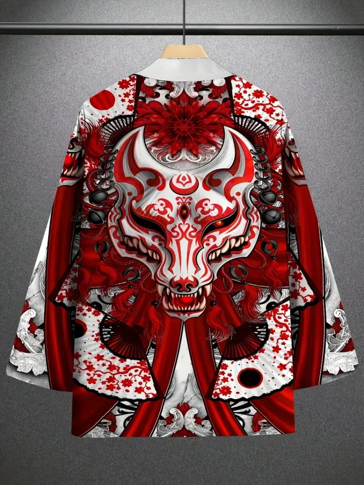 

New Japanese Ukiyo-e Fox Mask Men's Kimono Retro Style Fashion Street Men's Cardigan Top Traditional Japanese Cardigan Kimono