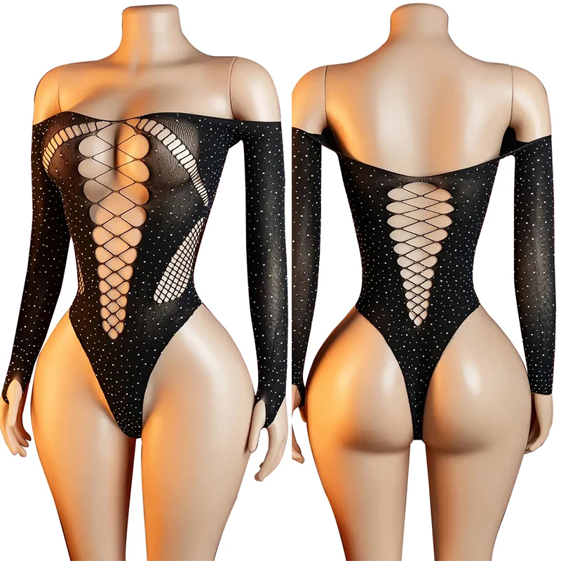 2026 Latest One Piece Off Shoulder Sexy Lace Mesh Transparent Jumpsuit Women's High Waist Elastic Long Sleeve Underwear Set