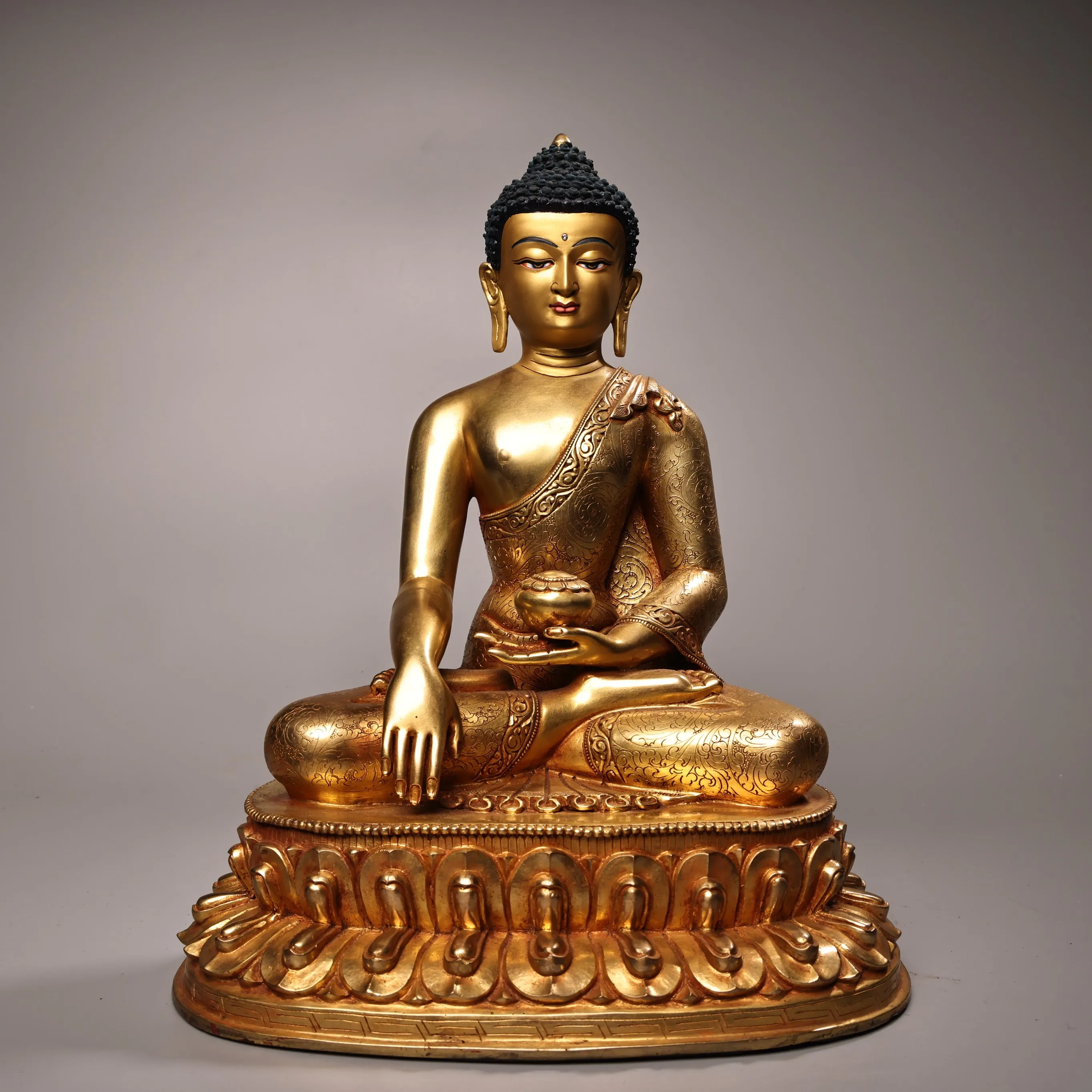 

11"Old Purple Bronze Gilded Painted High Relief Parinirvana Shakyamuni sitting Buddha Lotus Terrace Worship Hall Town house