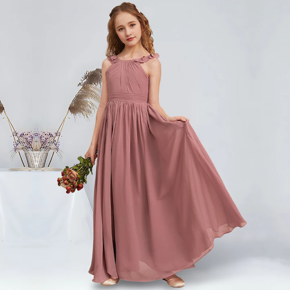 فستان وصيفة العروس للأطفال على شكل حرف a بطول الأرض من الشيفون مع تفاصيل زهور وردية صحراوية فساتين فتاة الزهور الجميلة للأطفال #5