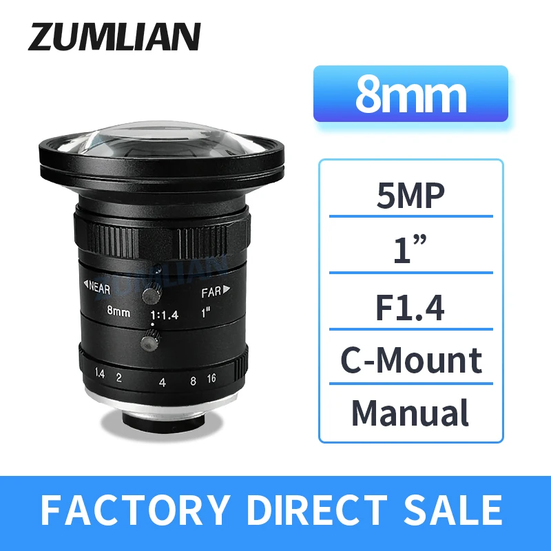 ZUMLIAN 8mm Lens F1.4 Industrial Cameras 1 Inch 5MP Wide-angle C-Mount Big Aperture For CCTV Machine Vision Cameras