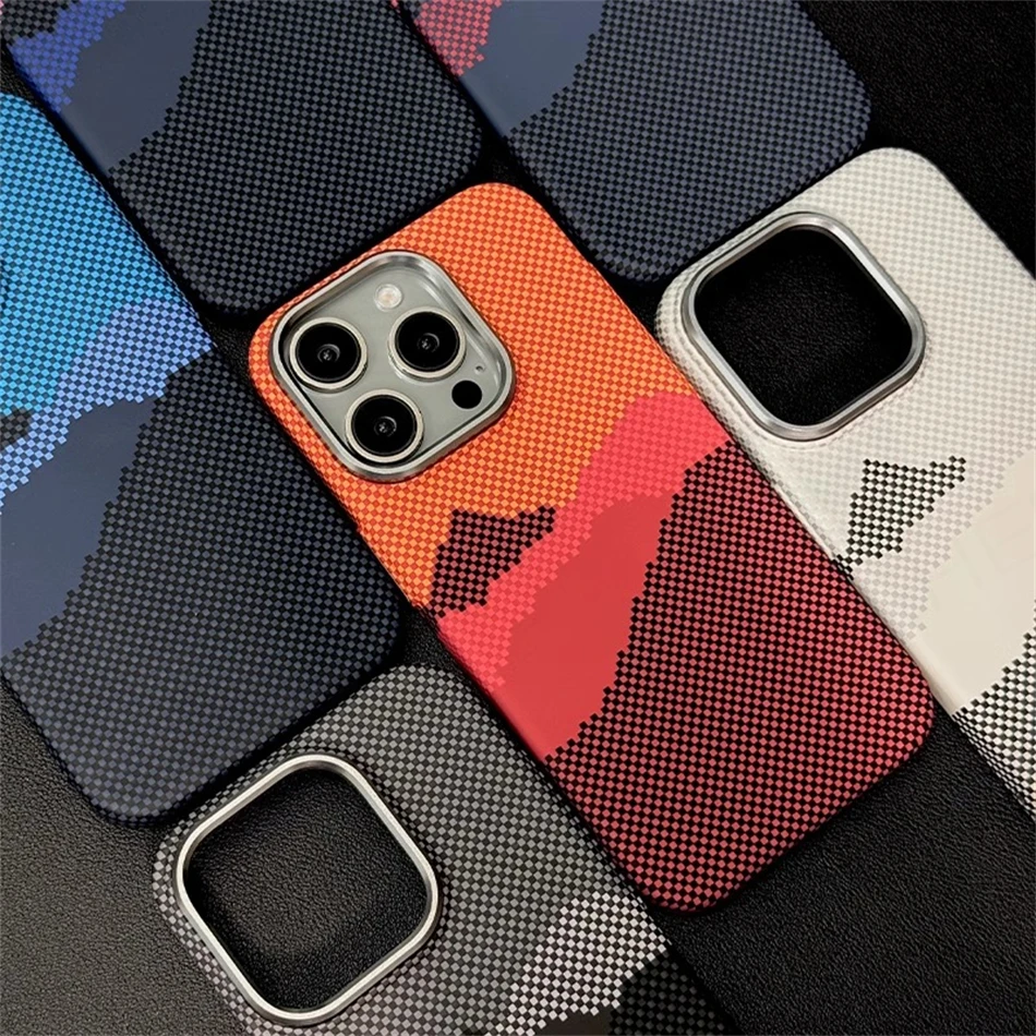 Luxury Alloy Lens 3D Relief Peak Carbon Fibre Pattern Case For iPhone 13 14 15 16 Pro Max Slim Shockproof PC Cover For Magsafe