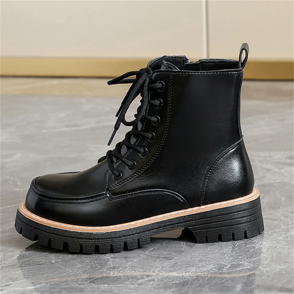 

Women Fashion Winter Ankle Boots PU Leather Black Round Toe Casual Comfortable Female Lace Up Ankle Boots Spring Flat Boots