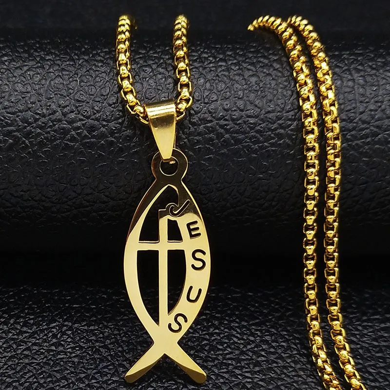 Ichthys Jesus Fish Cross Christ God Pendant Necklace for Women Men Stainless Steel Gold Sliver Color Christian Chain Jewelry