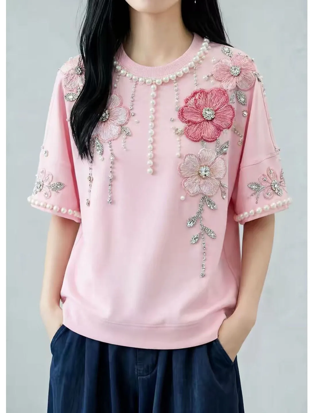 Versatile High-End T-Shirt Korean Style Commute Fashion Universal Fit Loose Creative Pattern Short Sleeve Beaded Detail