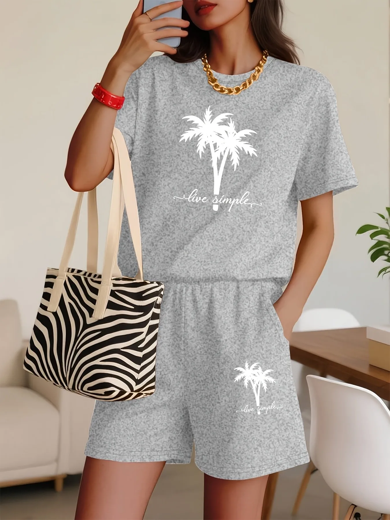 2026 Summer New Street Fashion Casual Comfortable Soft 3D Coconut Tree Pattern Printed Women's Short-Sleeve Suit