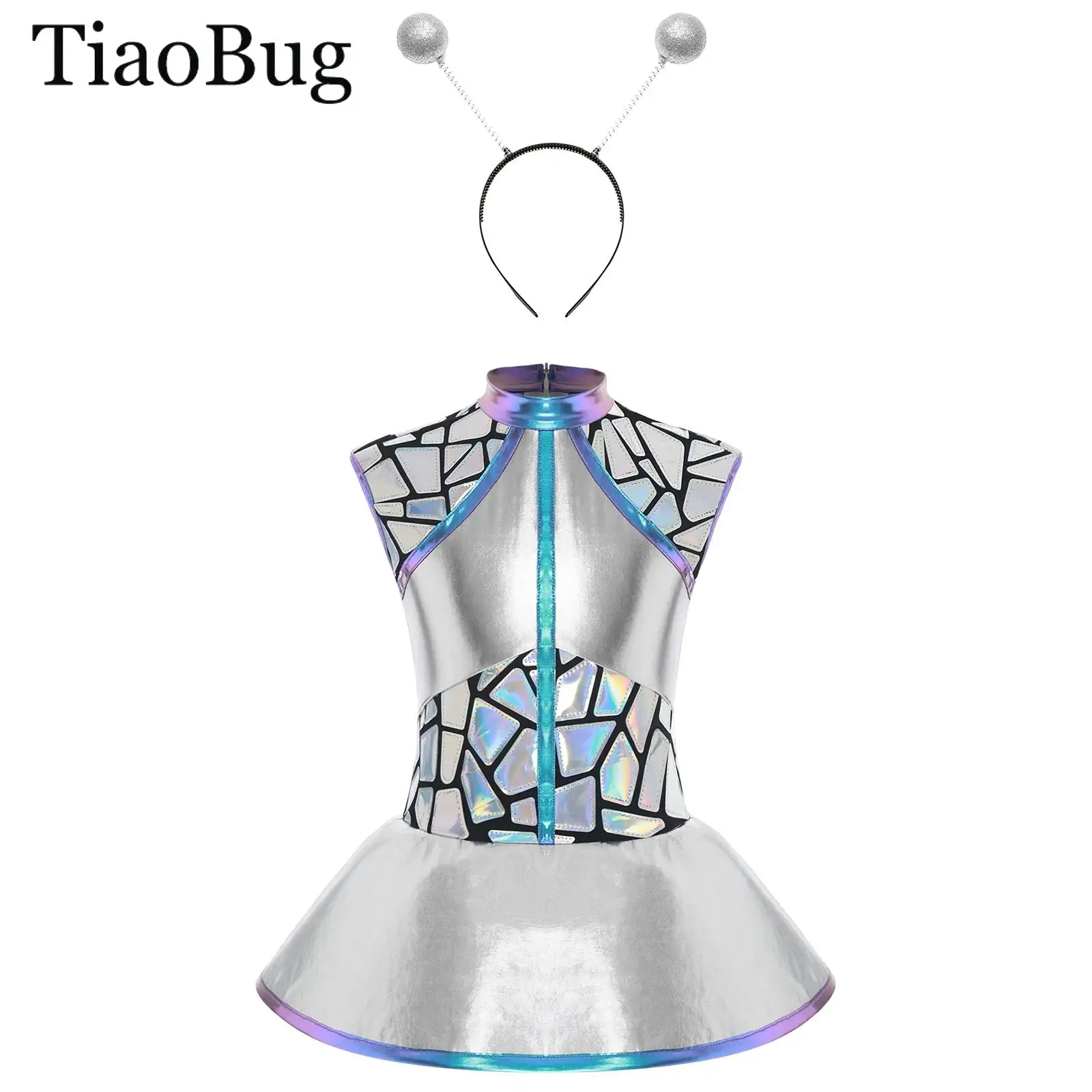 

Girls Halloween Outer Space Astronaut Costume Shiny Metallic Sequin Alien Tutu Dress with Antennas Hair Hoop Future World Party