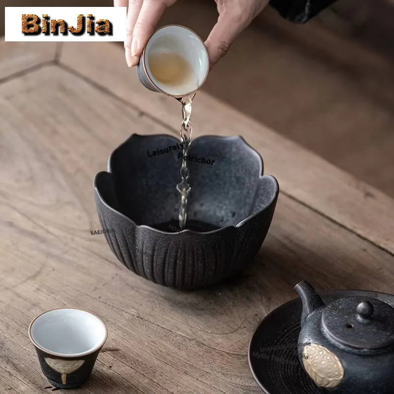 Gold Drawing Lotus Pod Lotus Flower Jianshui Washing Cup Bowl Water Washing Slag Tank Chaxi Tea Services Equipment Collection