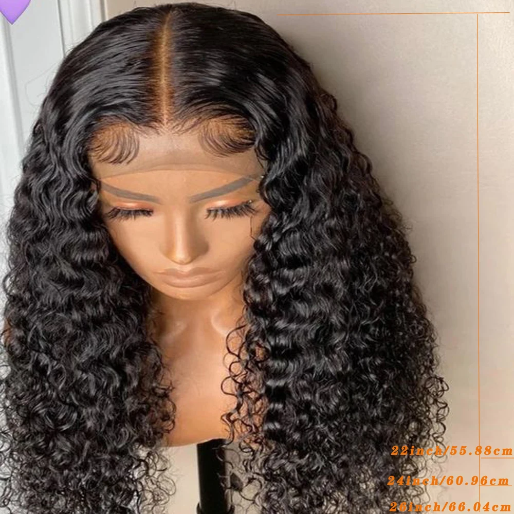 PrePlucked Deep Part Soft 180 Density Long Glueless Black 26 inch Kinky Curly Lace Front Wigs For African Women Babyhair Daily