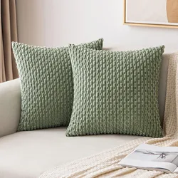 Green Pillow Covers Spring Decorations Boho Striped Corduroy Throw Pillow Cases Soft Plush Farmhouse Couch Cushion Case 45x45CM