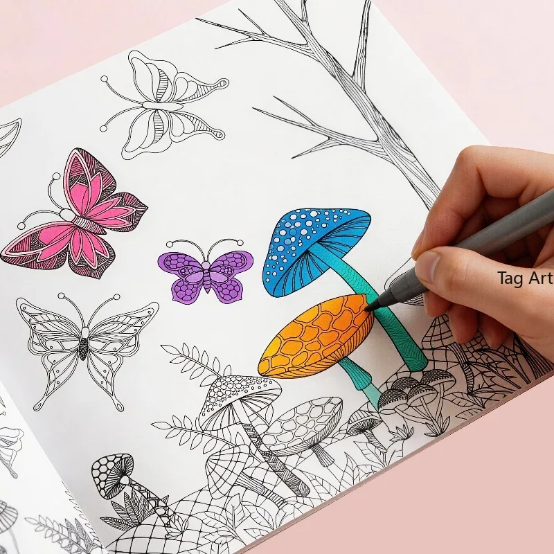 A Hand Drawn Book for Adults To Calm Down, Heal and Relieve Stress, A Bird Leaf Vine Fine Line Manuscript Coloring Book, 24 Page