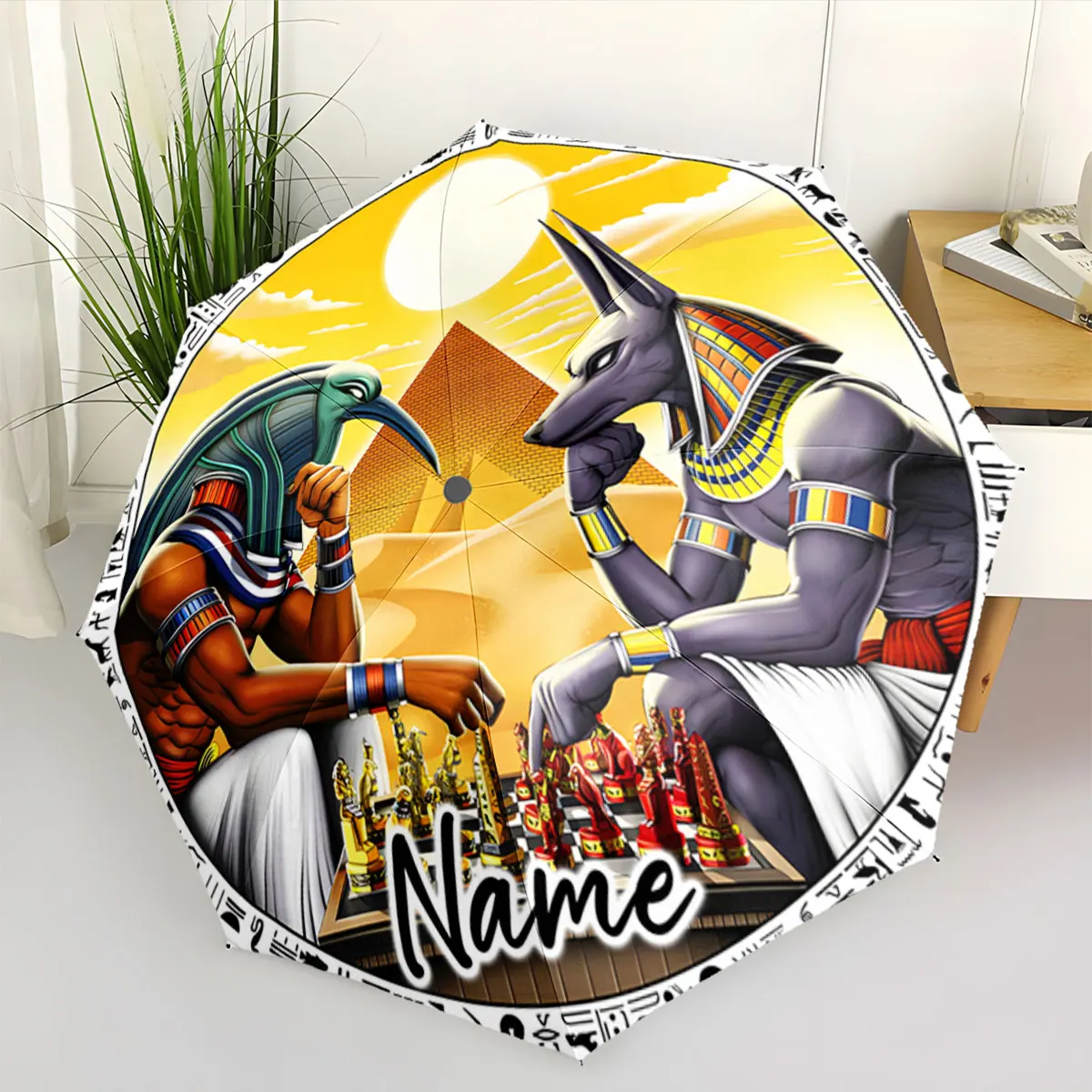 Custom Name Egyptian Deities Playing Chess on Colorful Umbrella Print 8 Iron Ribs Folding Umbrella Auto-Open Fashion Sunshade