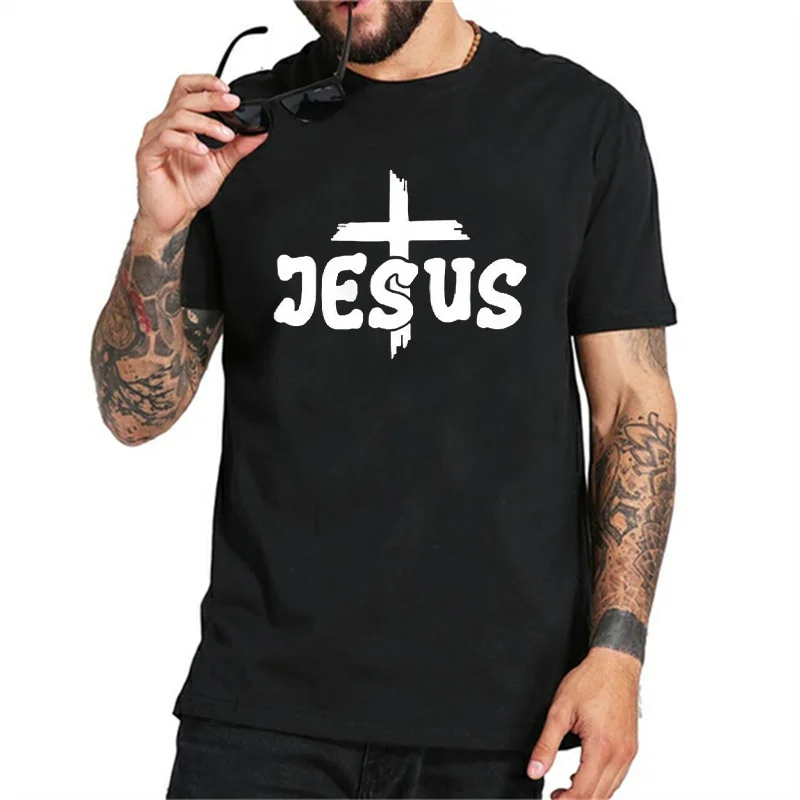 Jesus Loves Me to the Cross an Back Men\'s Short Sleeve T-shirt Funny Printing T-shirt Men\'s Cool Top Jesus Shirts