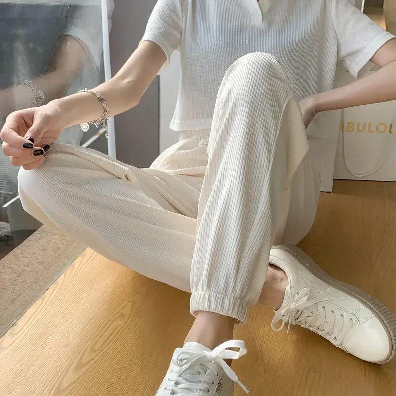 Ice Silk Sports Pants Women's Summer Loose Beam Feet White Thin Section High Waist Thin Casual Harem Anti-mosquito Lantern Pants