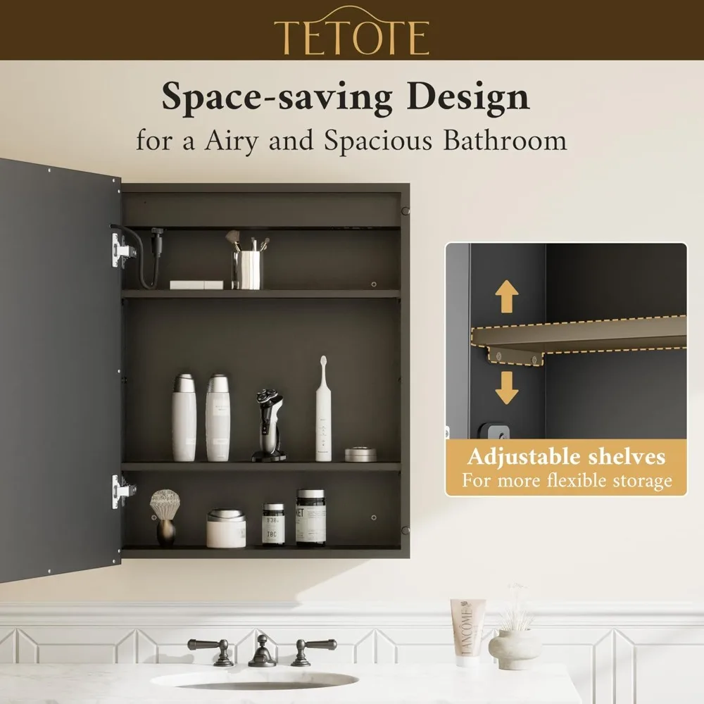 خزانة أدوية للحمام بإطار معدني بإضاءة LED باللون الأسود، مقاس 20 × 26 بوصة، مثبتة على السطح أو